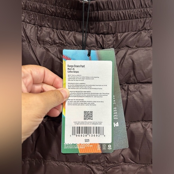 Cotopaxi Men's XL Fuego Down Pant Coffee Stripes Rust Brown NWT 800-fill Down - Picture 8 of 8